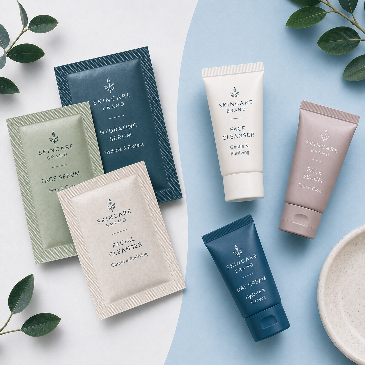 Sample skincare sachets vs mini tubes – comparing packaging options for skincare samples, trial sizes and beauty products.