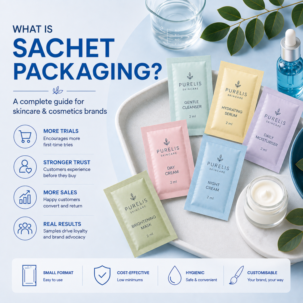 What is sachet packaging – an example of small single-use sachets used for skincare, cosmetics and product samples.