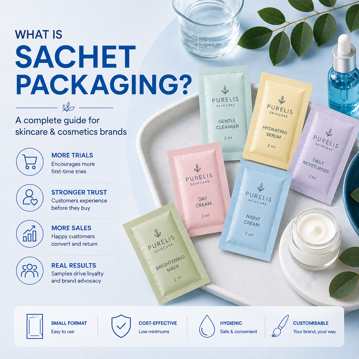 What is sachet packaging – an example of small single-use sachets used for skincare, cosmetics and product samples.