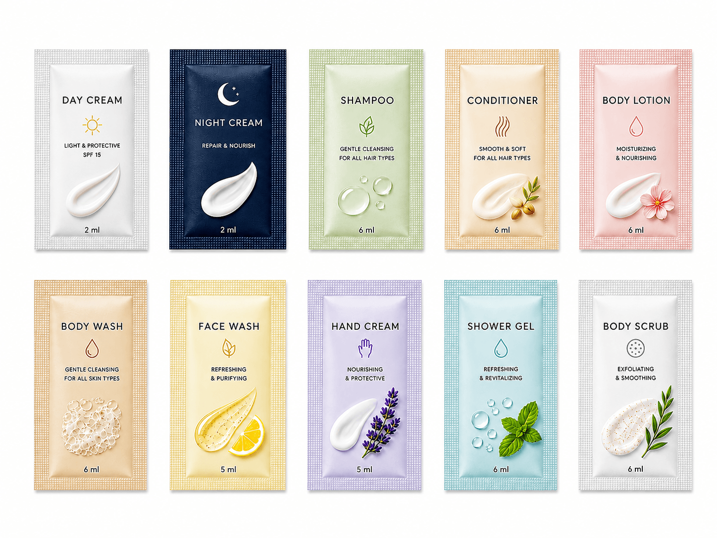 Sachet packaging pouches for skincare and cosmetic samples